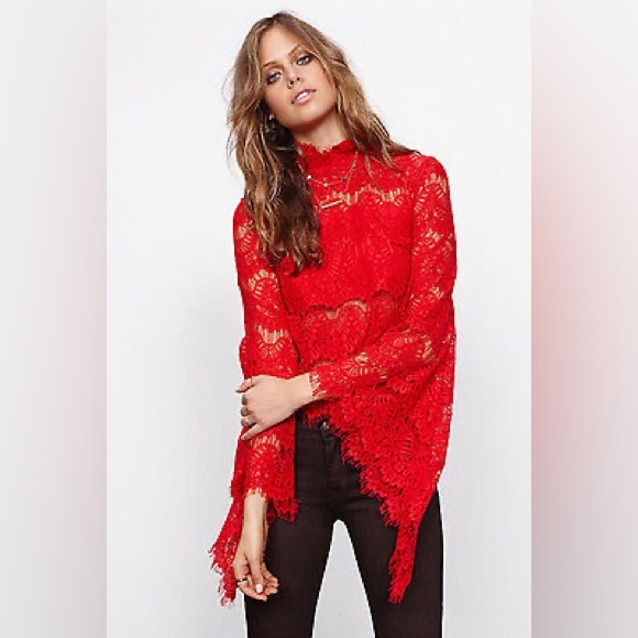MinkPink Drama Queen Lace Top RedFlare Bell Sleeves Size XS - Picture 1 of 6